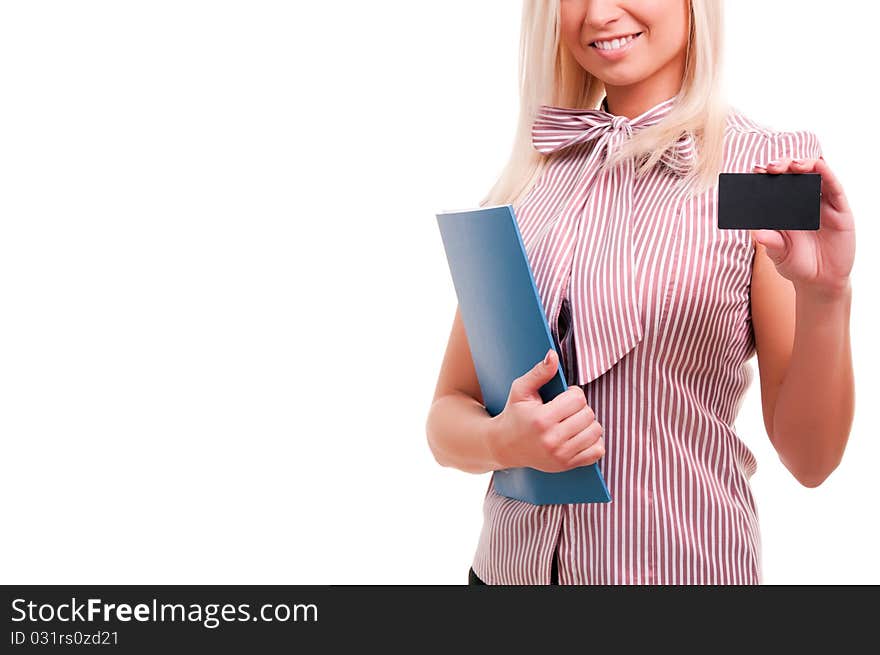 Businesswoman showing and handing a blank business card.