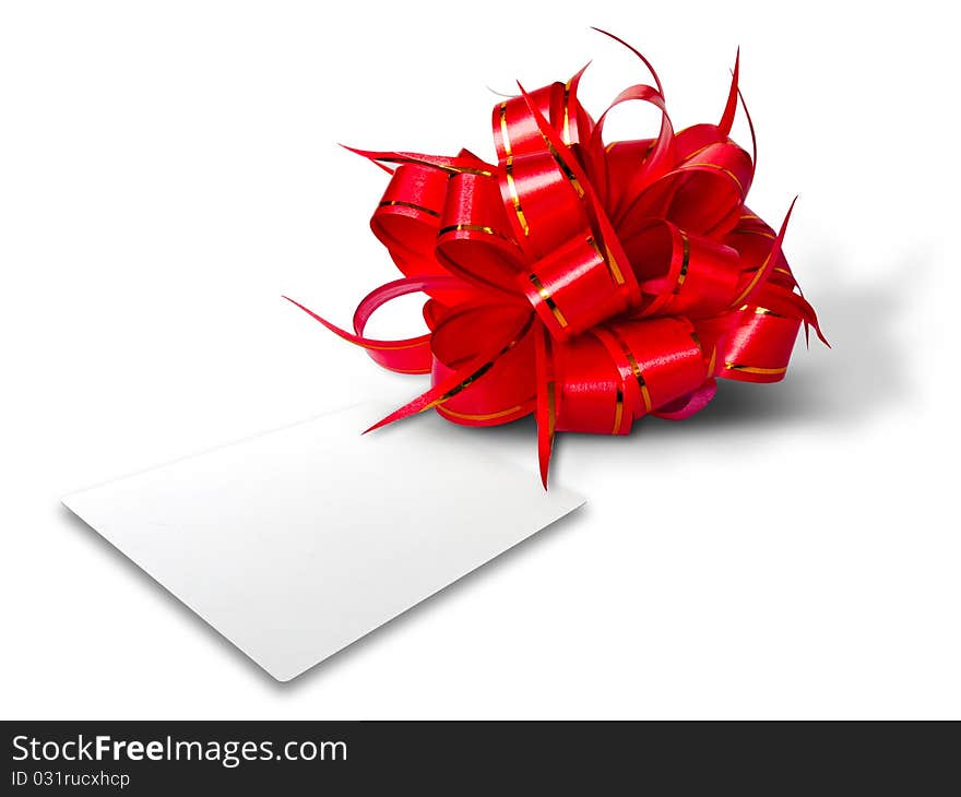 Red Bow and White card for gift on white background