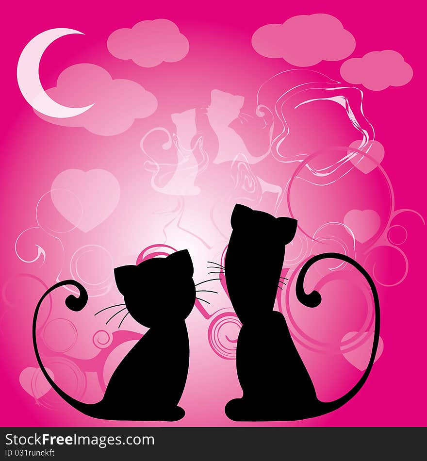 Drawing of two black cats on a pink abstract background. Drawing of two black cats on a pink abstract background