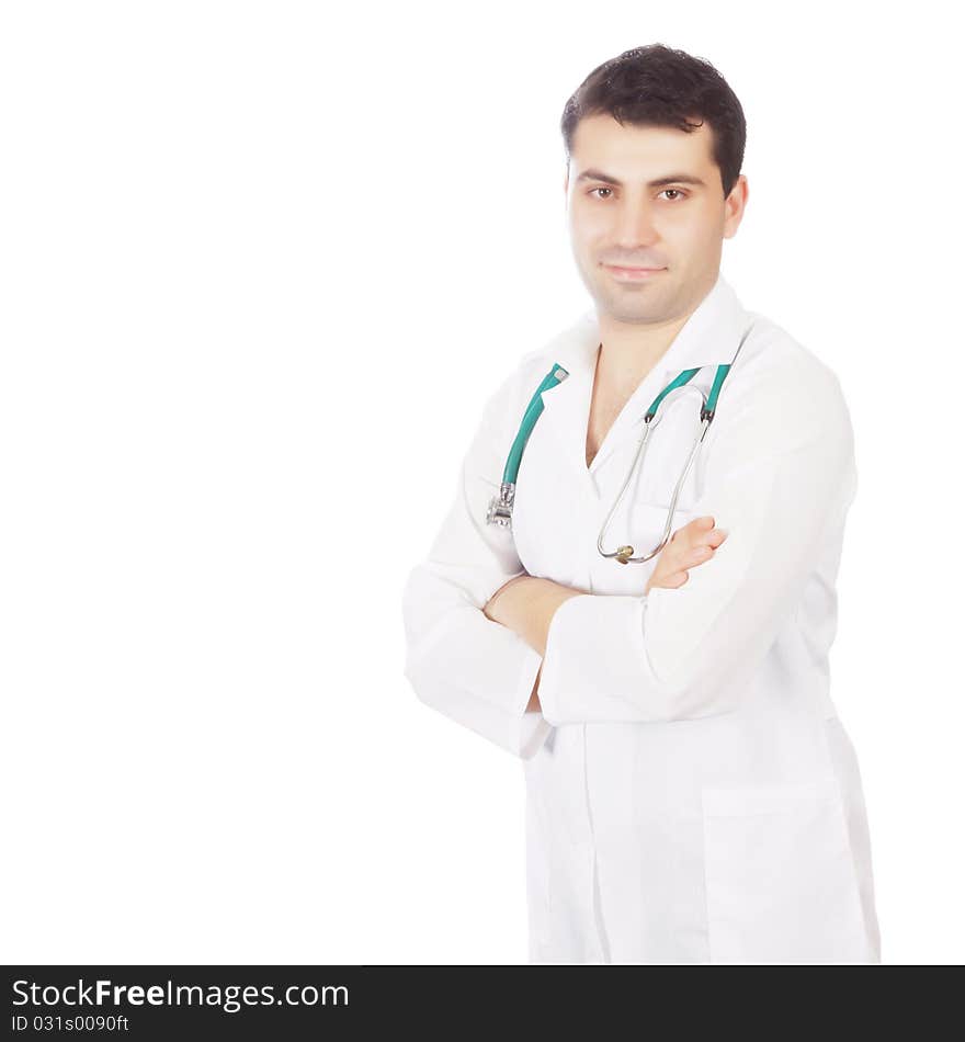 Young medical doctor with stethoscope. Isolated over white background