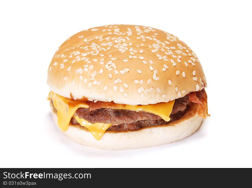 Cheeseburger with fries on white background