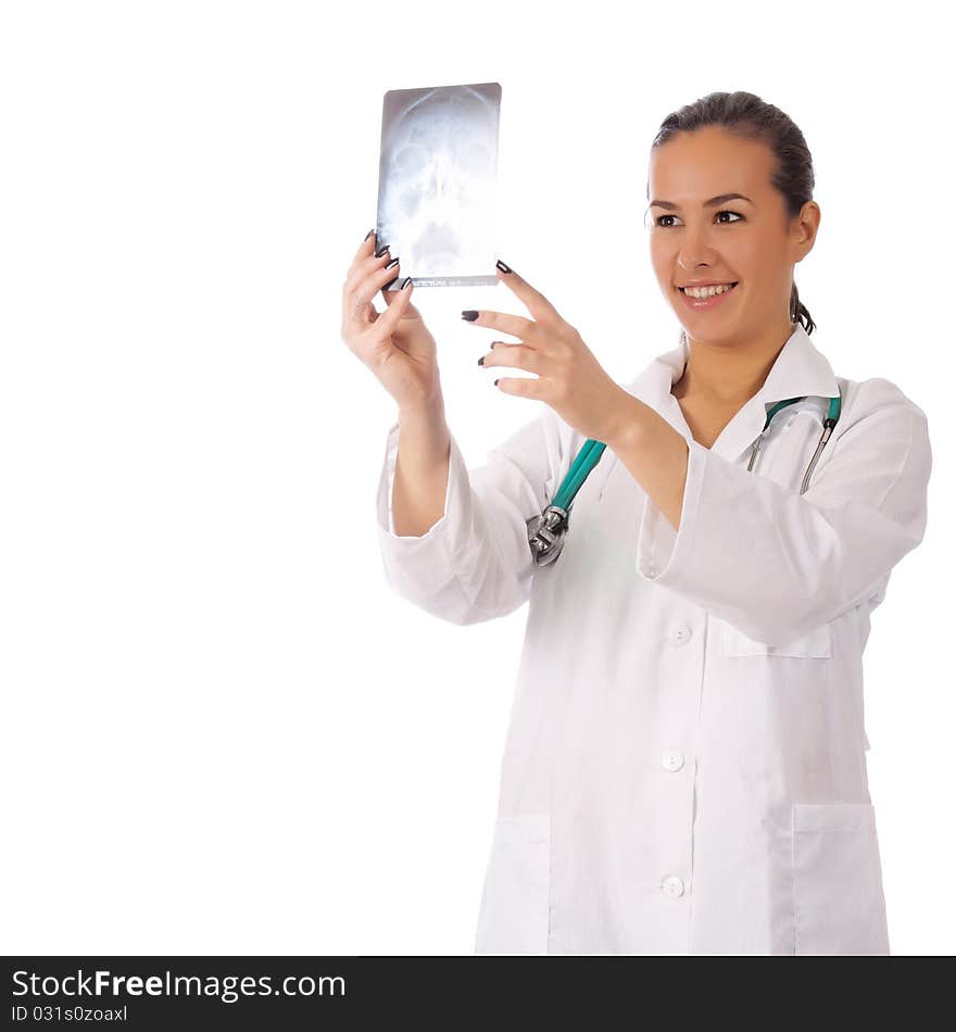 Full isolated portrait of a beautiful caucasian doctor with x-ray