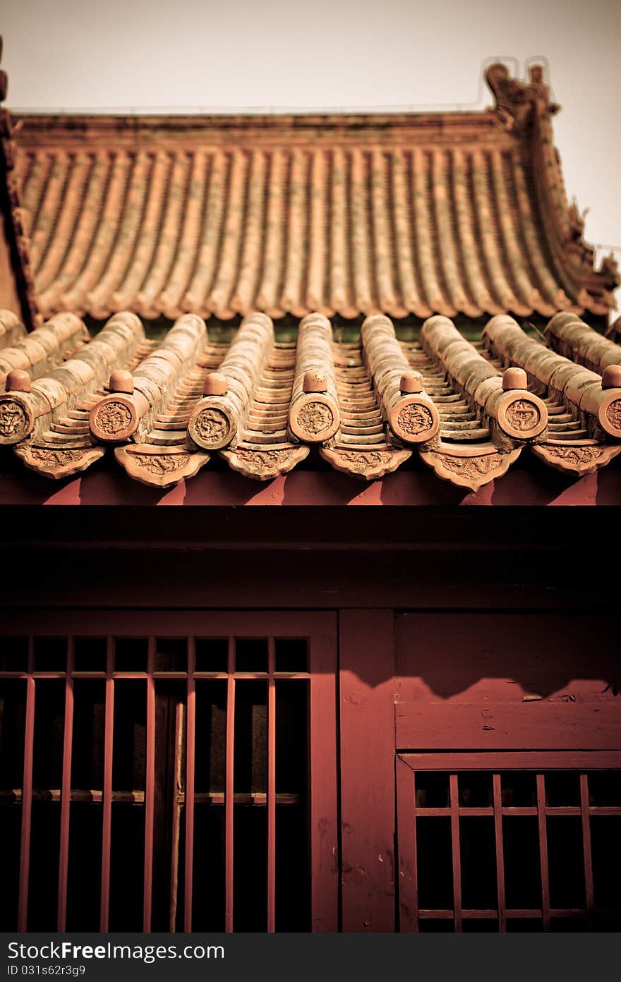 Oriental wooden window frames, under an awning. Oriental wooden window frames, under an awning