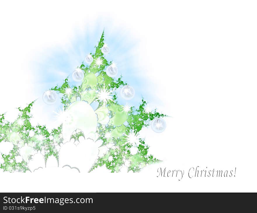 Seasonal greetings card with abstract christmas trees covered with snow and white christmas balls