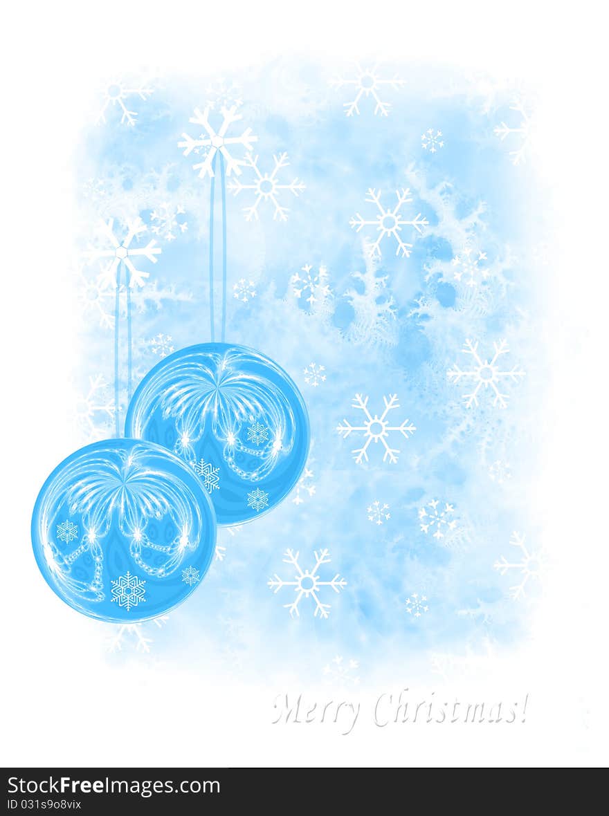 Greeting card with two blue christmas balls on an icy frozen background and white snowflakes, embossed text. Greeting card with two blue christmas balls on an icy frozen background and white snowflakes, embossed text