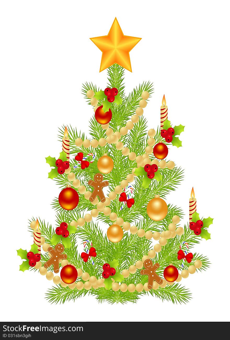 Christmas tree with simple decoration. Isolated on a white. Vector illustration.