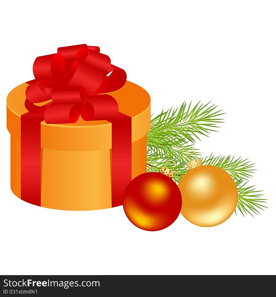 Christmas gift box with gold and red balls. Vector illustration.