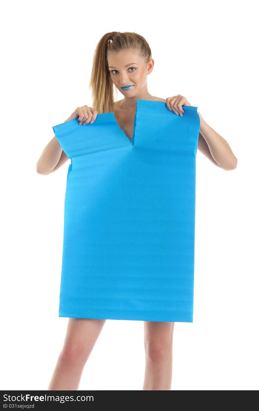 Young Woman With Blue Sheet Of Paper