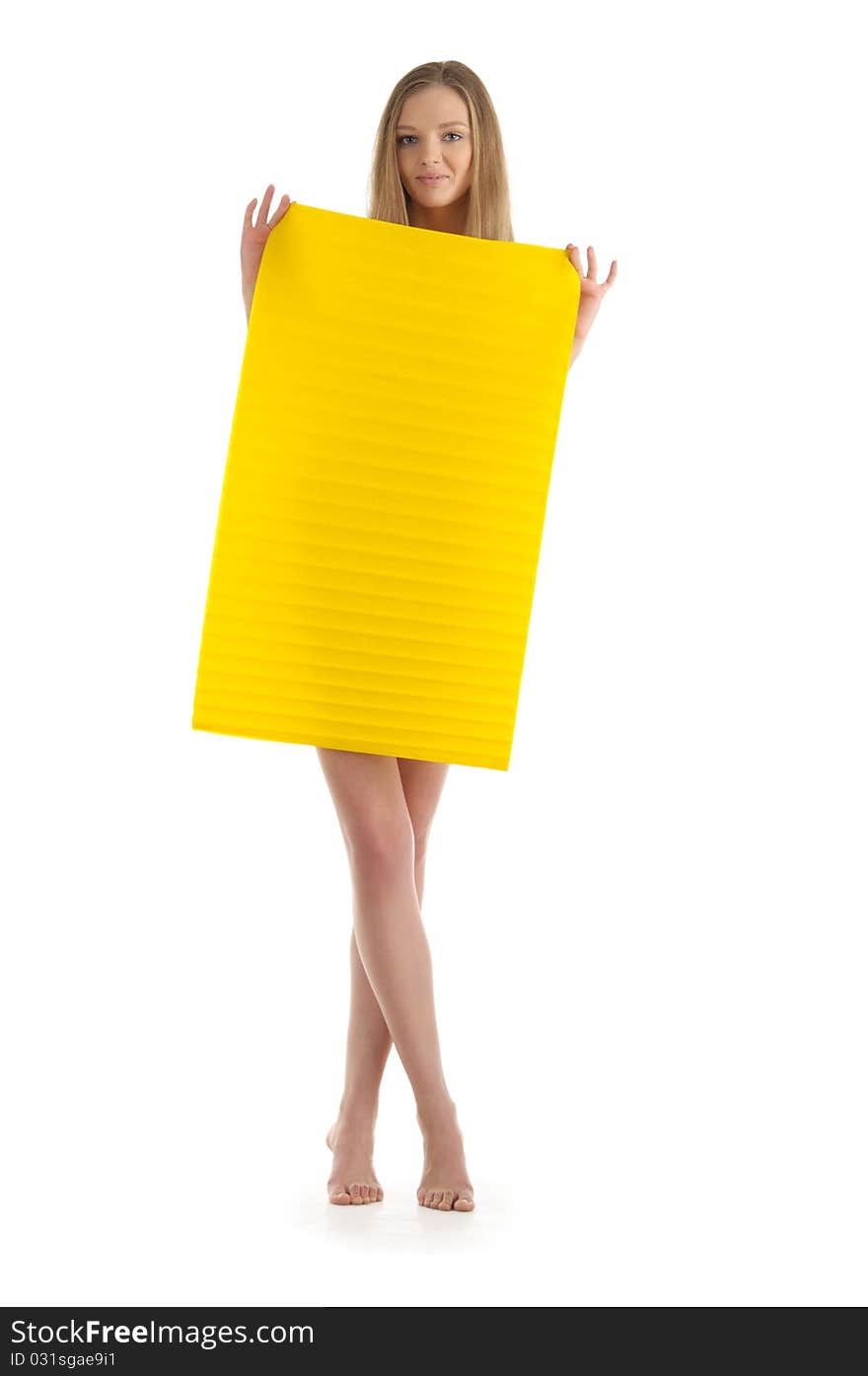 Young woman with yellow sheet of paper