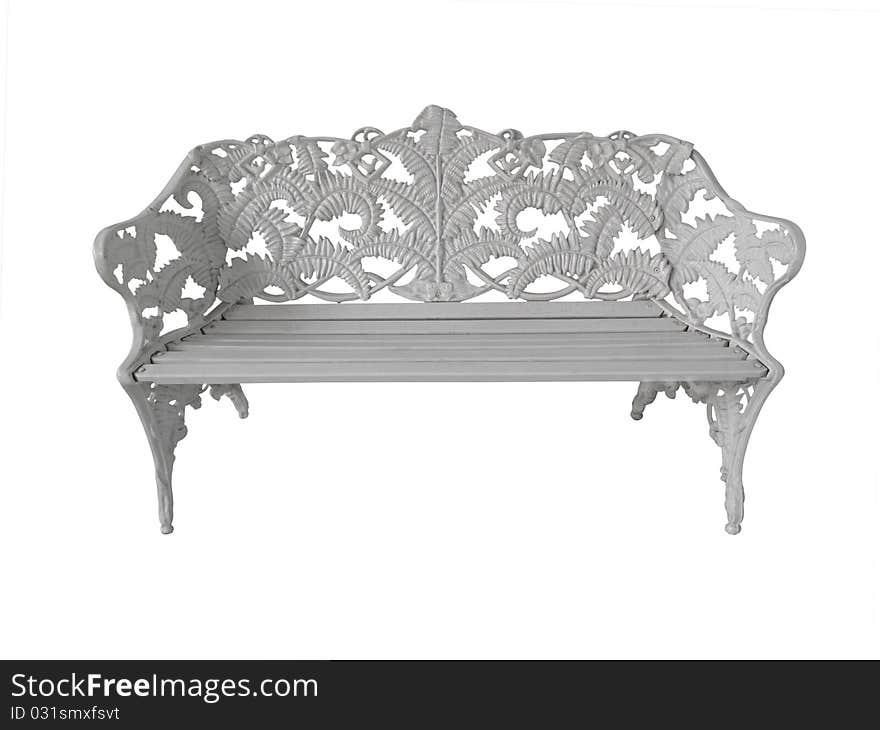 Wrought iron bench seat with leaf design, isolated with cutting-path