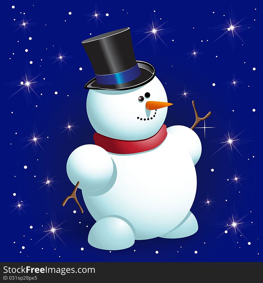 Illustration, new year's snowman in hat on blue background