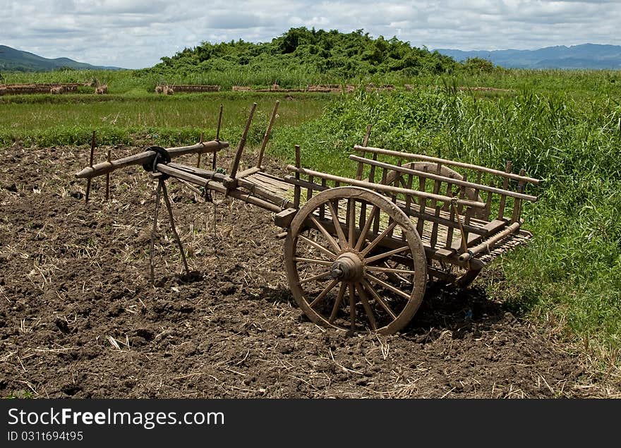 An empty bullock cart in a rice field in Burma