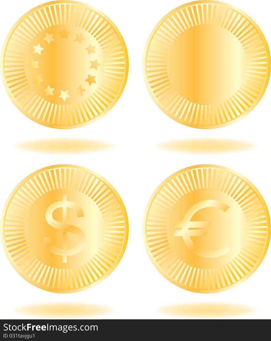 Golden coins set. Various variants of design. Isolated on a white background. Vector illustration (EPS8). All parts (object) closed, possibility to edit.