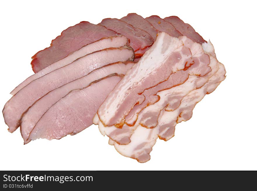 Meat cutting from a boiled pork and bacon on a white background