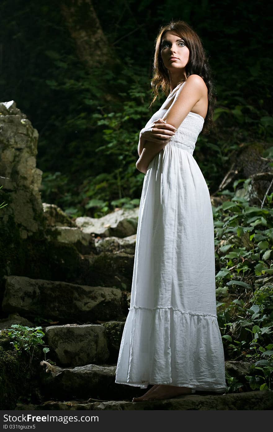 Beauty woman on old stairs