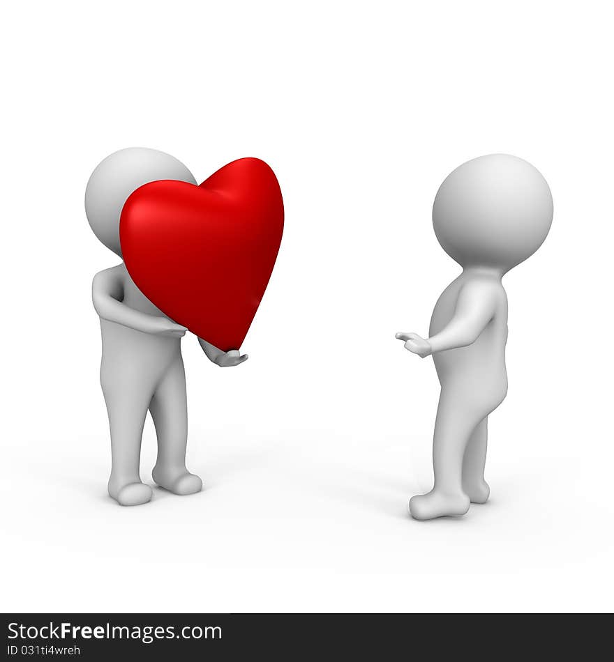 A person offers a red heart to another one, a 3d image. A person offers a red heart to another one, a 3d image