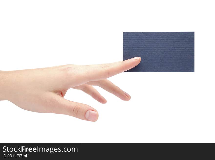 Hand holding an empty card over white. Hand holding an empty card over white