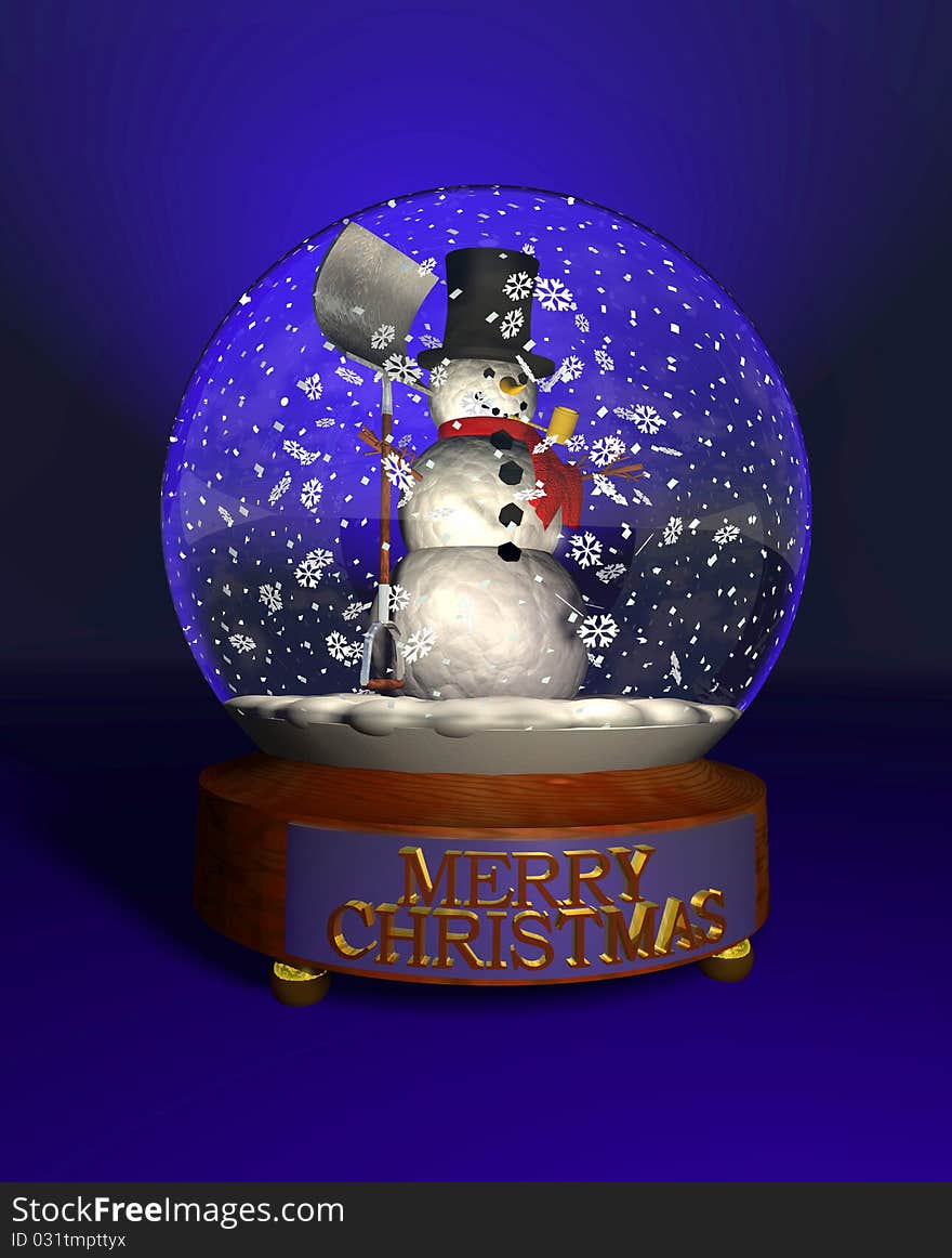 Computer-generated 3D illustration depicting a snowman in a snow globe. Computer-generated 3D illustration depicting a snowman in a snow globe