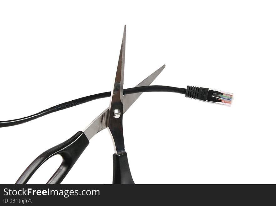 Scissors Cutting A Network Cable