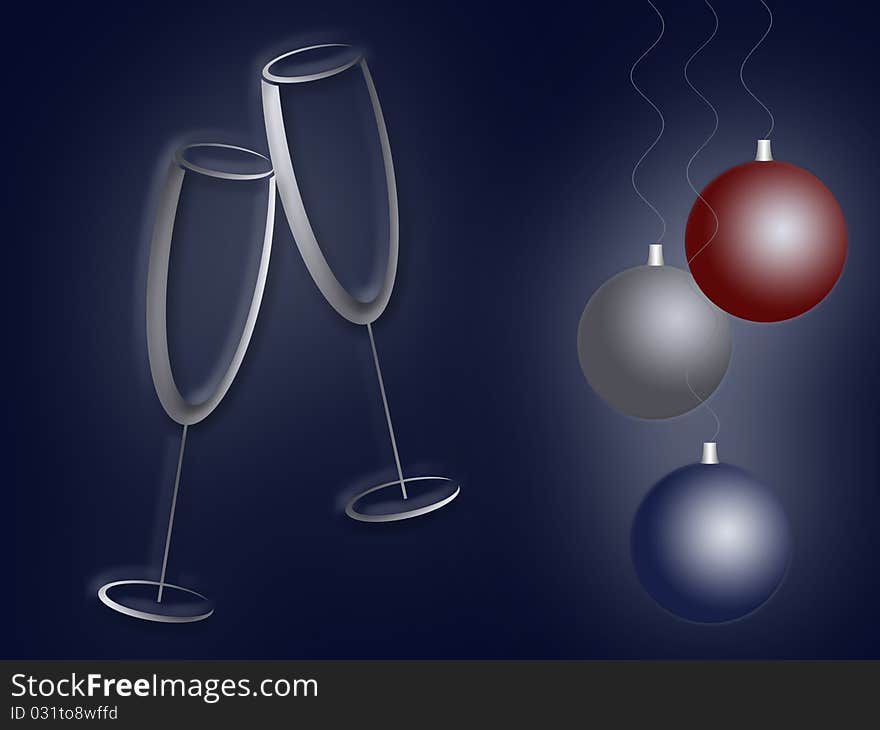 Background with christmas balls two glasses of champagne. Background with christmas balls two glasses of champagne