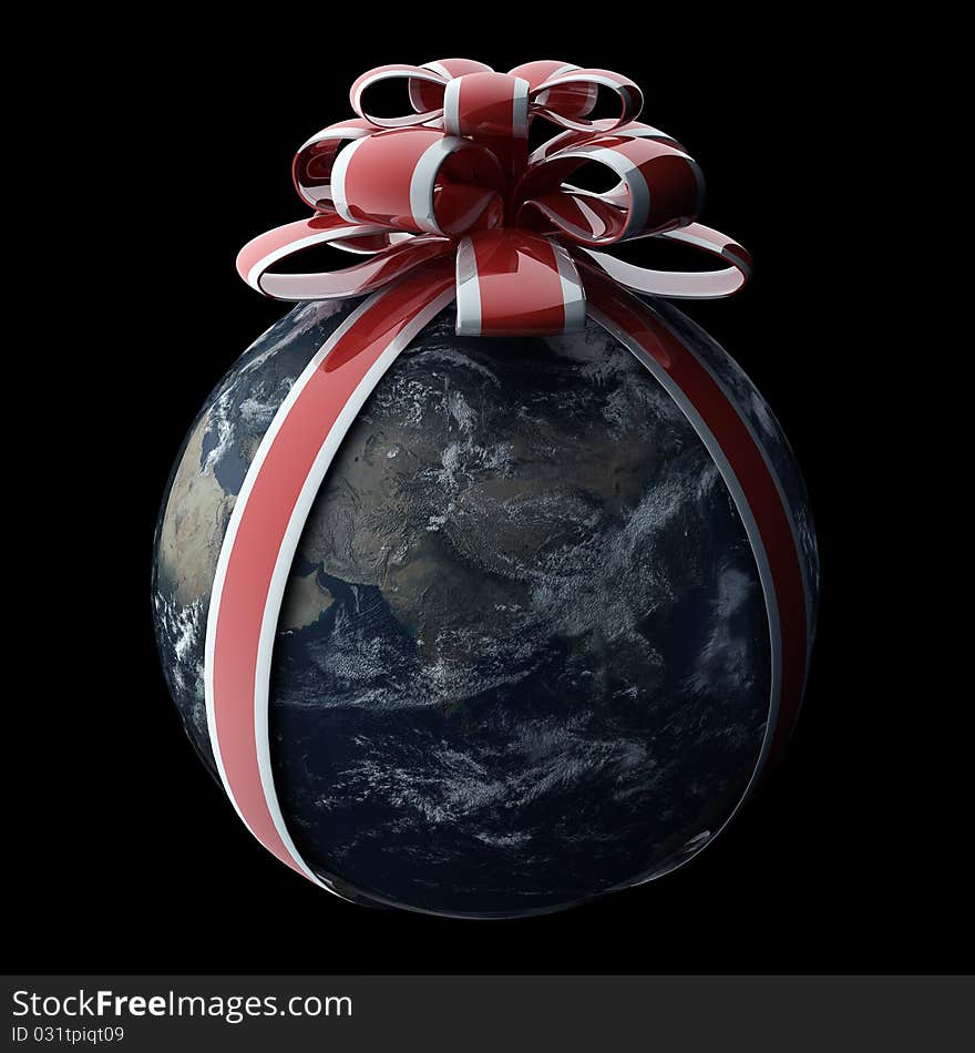 Earth Blue Marble picture courtesy of NASA wrapped with a ribbon and bow isolated on black 3d render. Earth Blue Marble picture courtesy of NASA wrapped with a ribbon and bow isolated on black 3d render