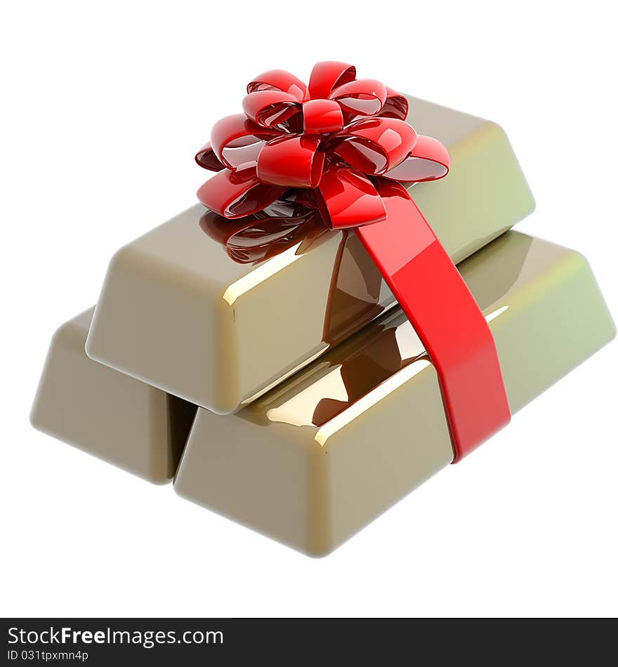 Gold ingots as generous gift with red ribbon and bow isolated on white (3D render). Gold ingots as generous gift with red ribbon and bow isolated on white (3D render)