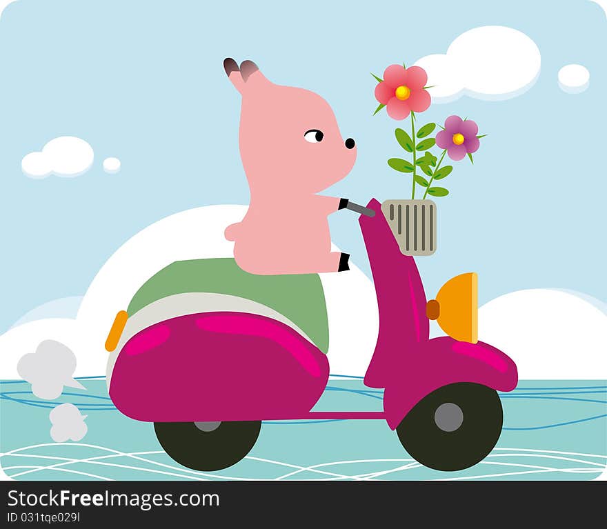 Illustration of pig on a bike at the beach