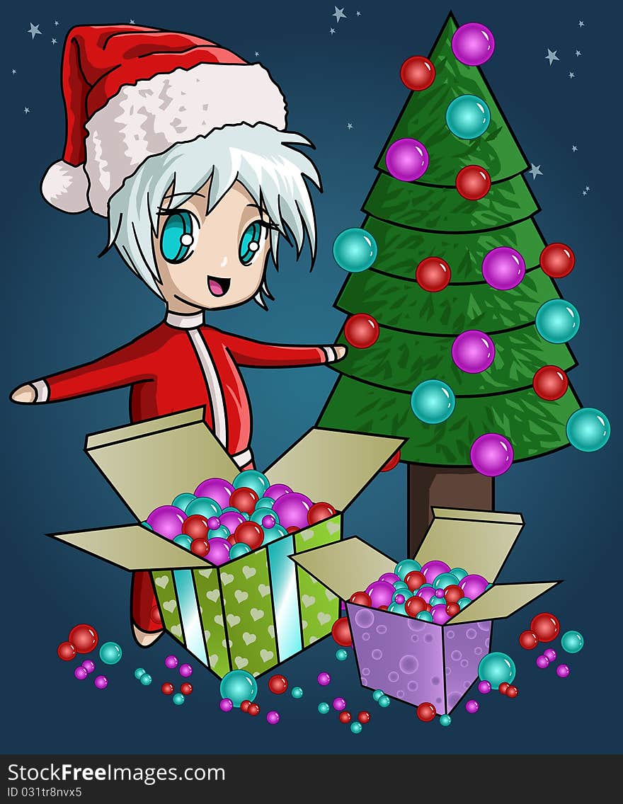 Gift boxes with xmas tree and cute anime style Santa near. Gift boxes with xmas tree and cute anime style Santa near