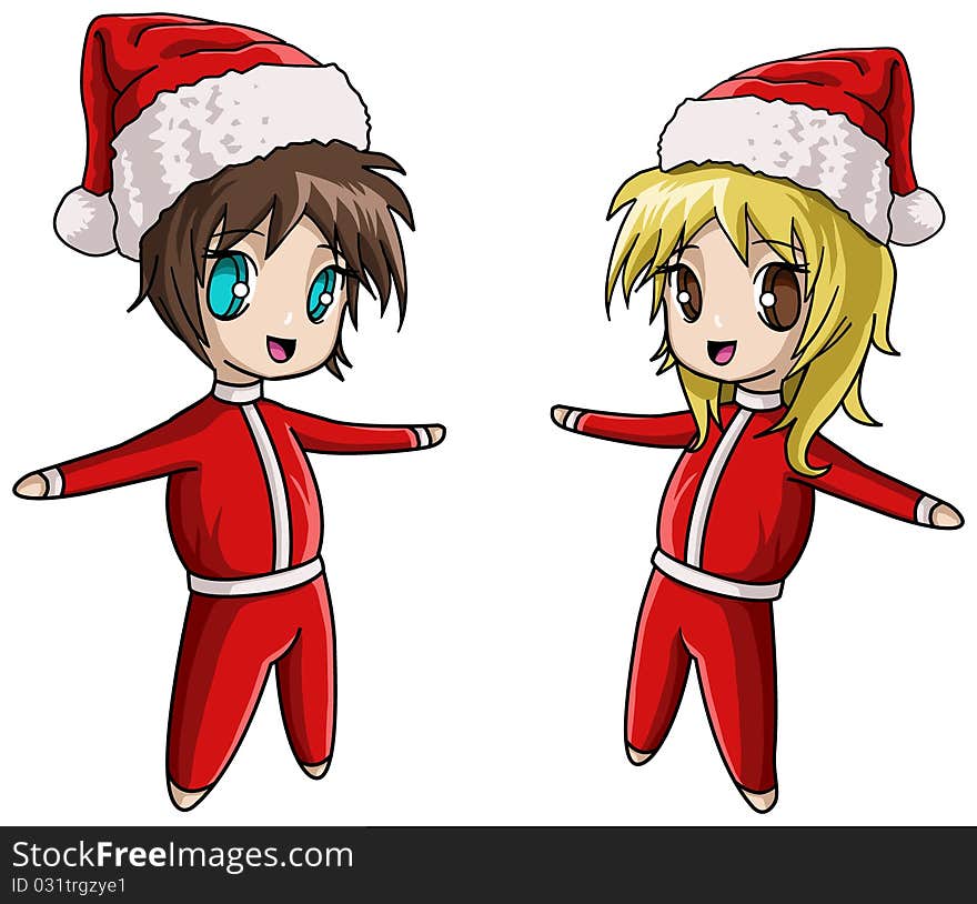 Cute boy and girl with santa clothes anime style. Cute boy and girl with santa clothes anime style