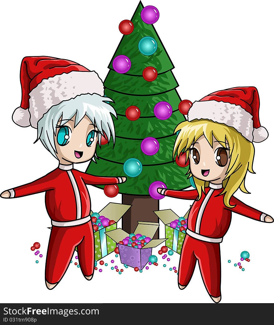 Cute Santa girl and boy with tree