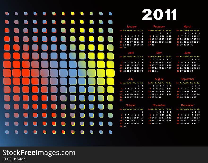 Calendar for 2011 for a black background. The calendar is executed in red both yellow and white color. Calendar for 2011 for a black background. The calendar is executed in red both yellow and white color.