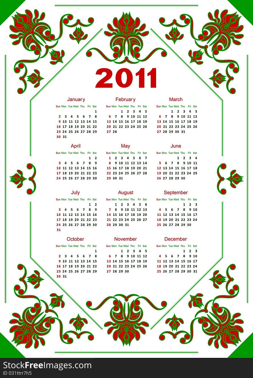 Calendar for 2011 for a white background. The calendar is executed in red and green color. Calendar for 2011 for a white background. The calendar is executed in red and green color.