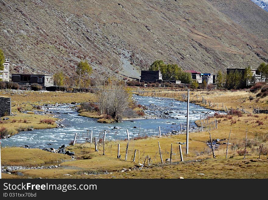 Tibetan village near mountains,western sichuan of china