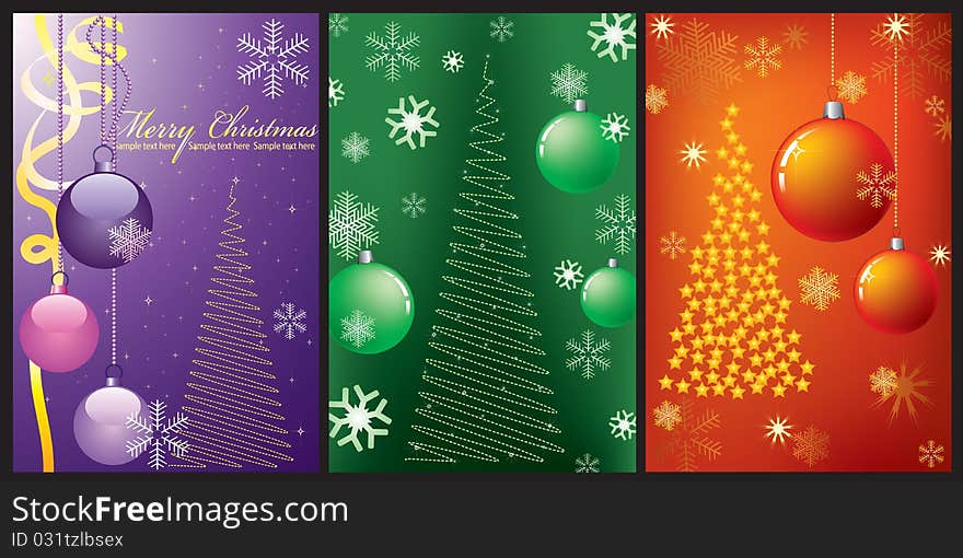 Three Christmas background with Christmas tree, balls and snowflakes. Three Christmas background with Christmas tree, balls and snowflakes.