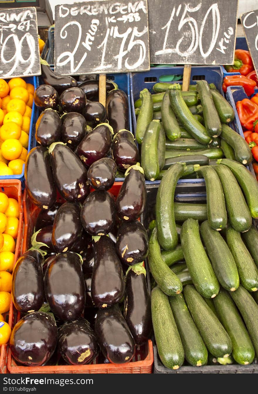 Zucchini and eggplant on a market. Zucchini and eggplant on a market