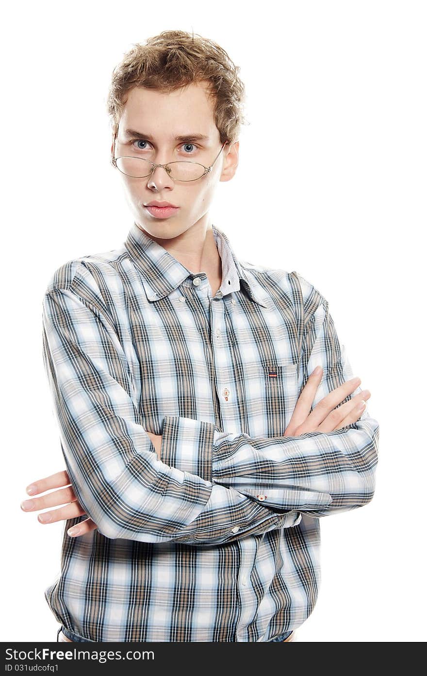 Studio portrait of young handsome man over white