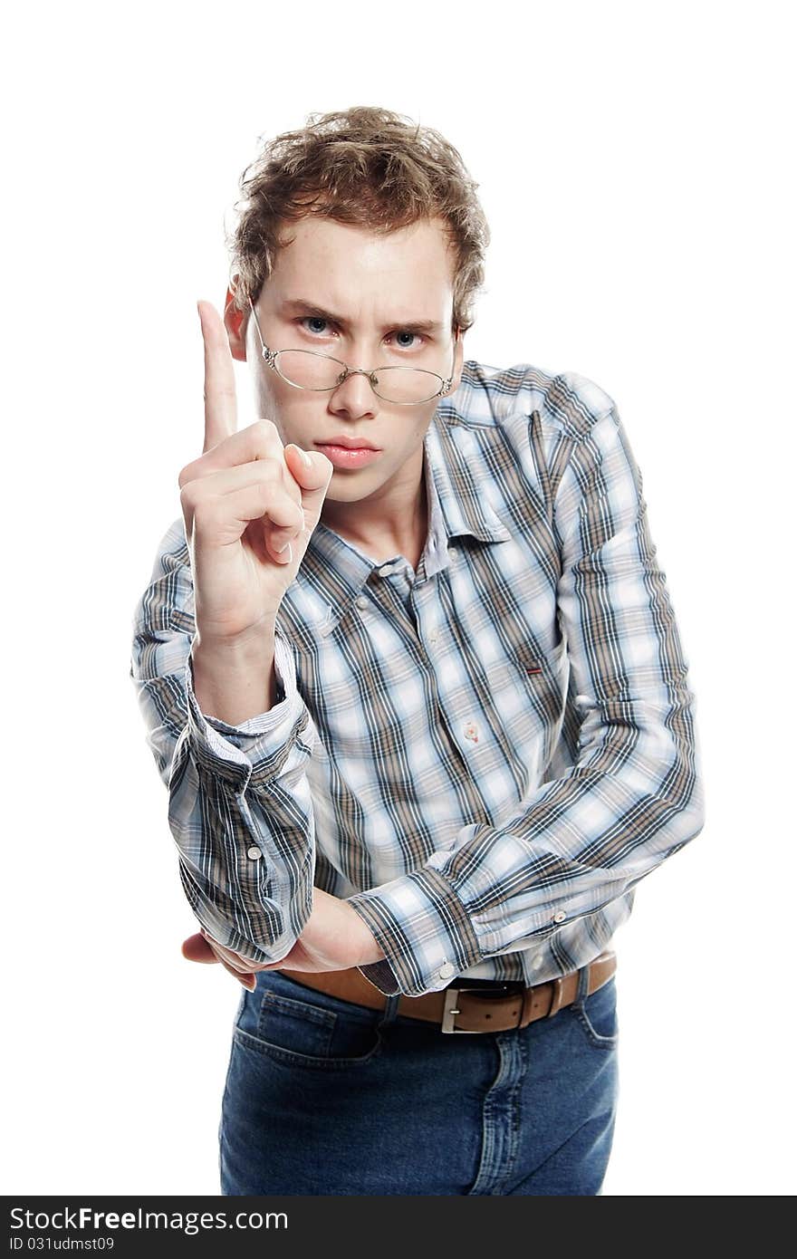 Studio portrait of young handsome man over white