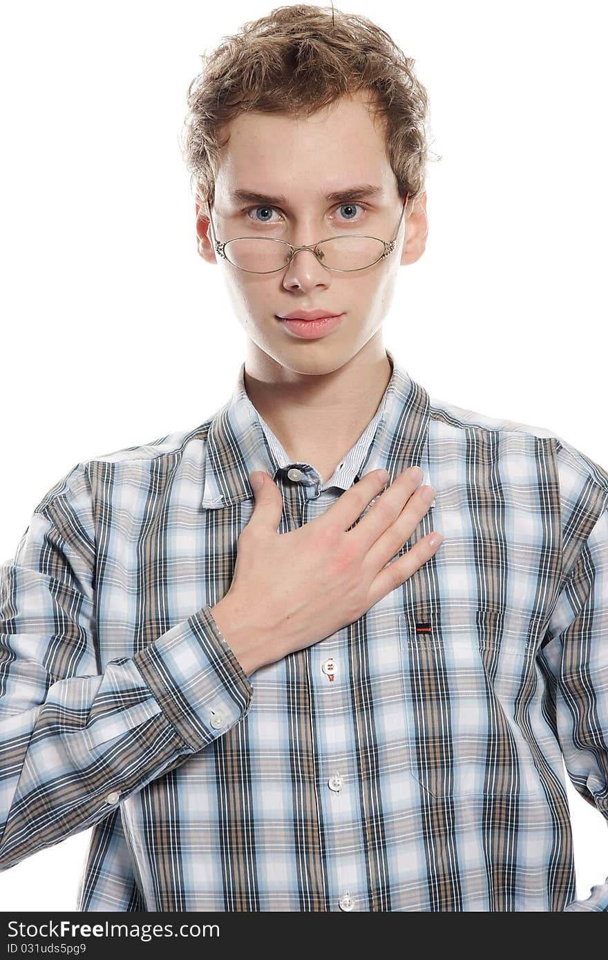 Studio portrait of young handsome man over white