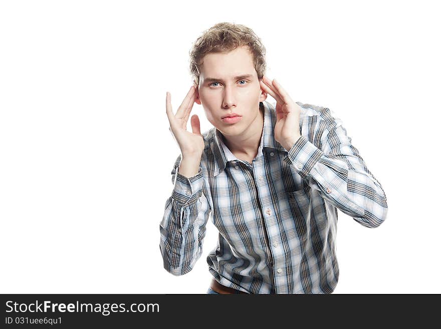 Studio portrait of young handsome man over white