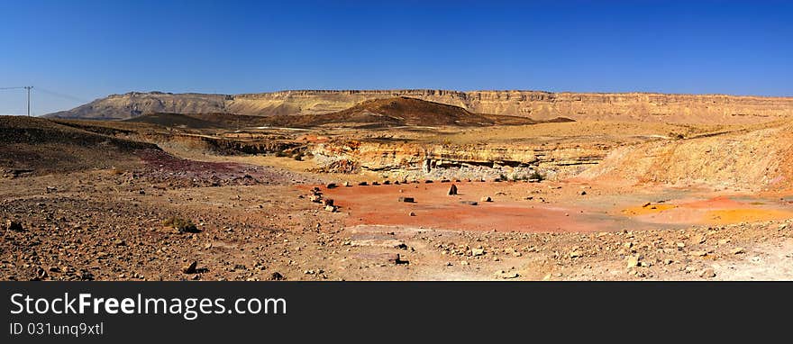 Panorama desert colour sand and stone of the crater Ramon. Panorama desert colour sand and stone of the crater Ramon