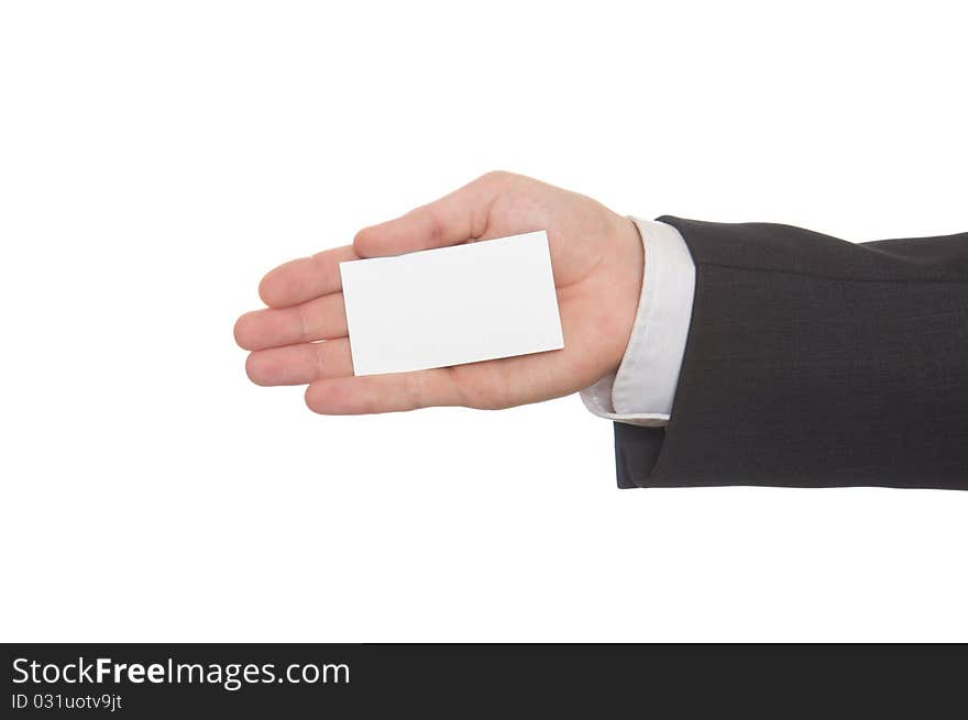 Business man handing a blank business card over white