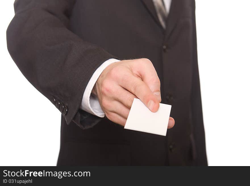 Businessman handing a blank business card over white