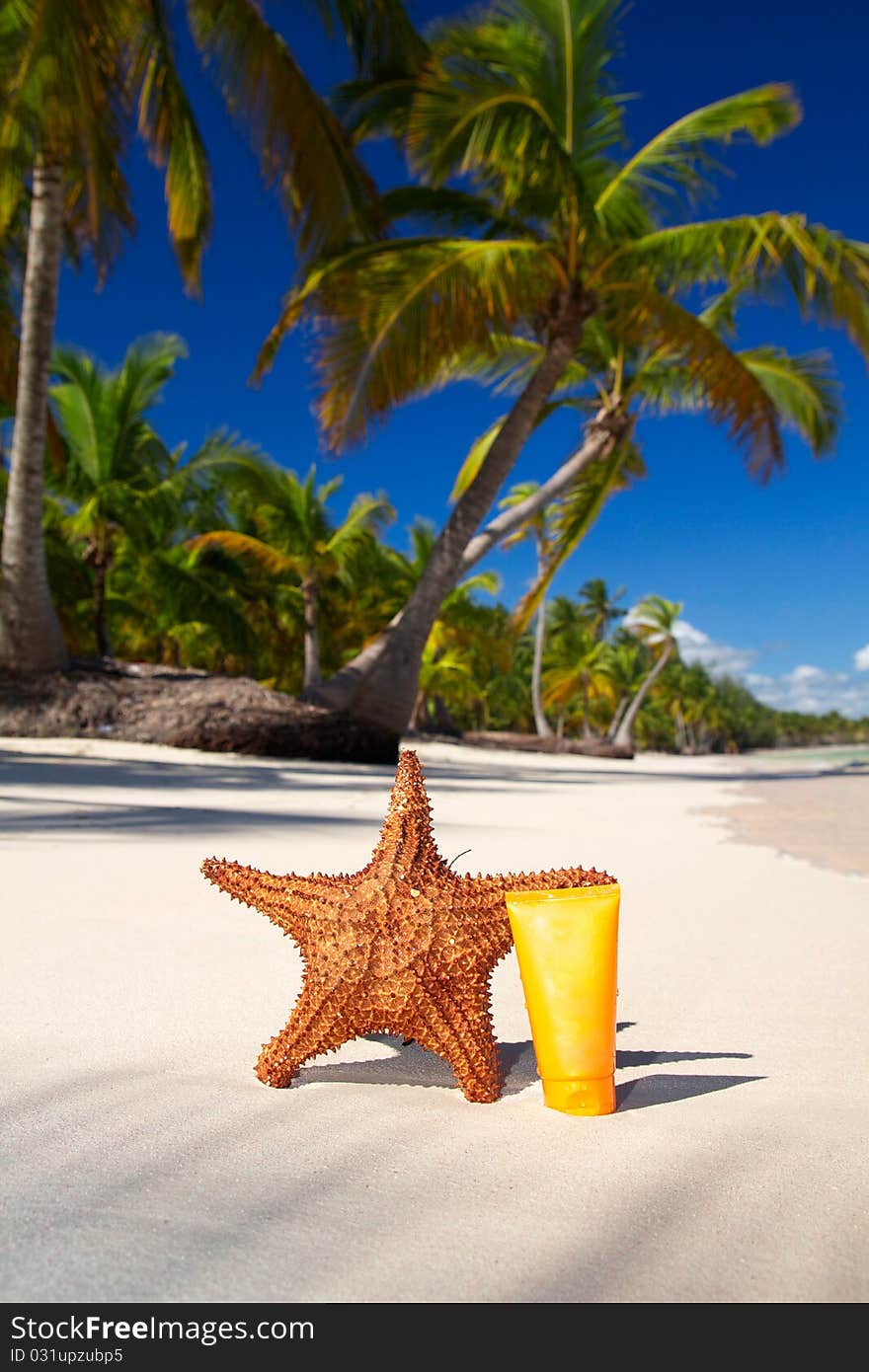 Starfish and sun protection tube on caribbean beach, Dominican Republic