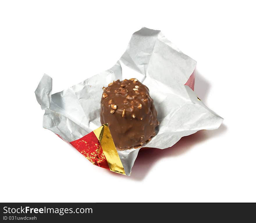 Delicious chocolate praline isolated on white background.