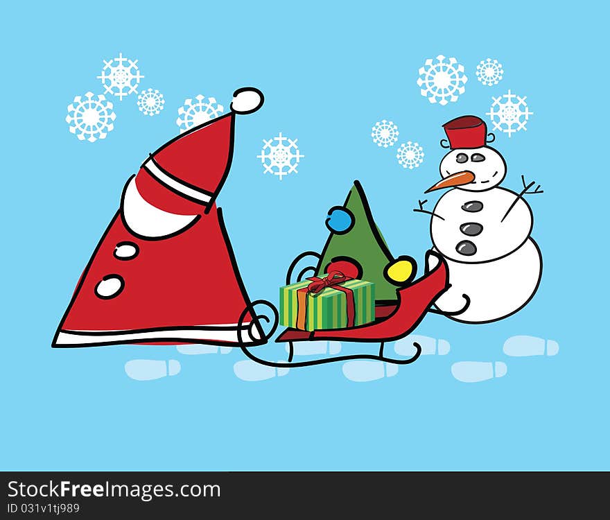 Santa claus and snow man, abstract vector art illustration