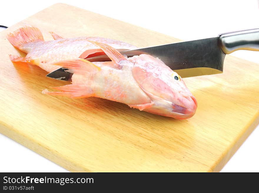 Red tilapia on wood chopping block .