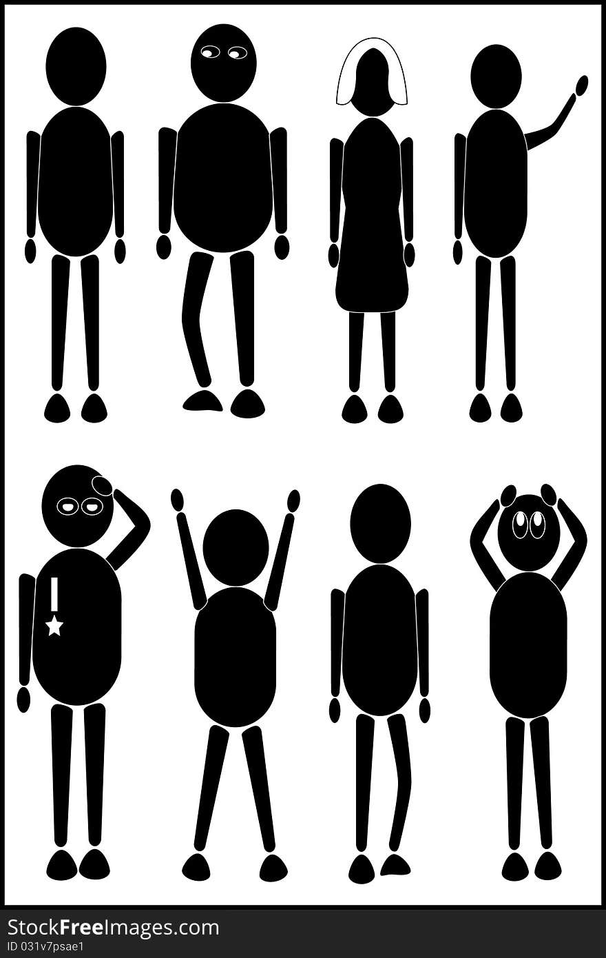 Illustration showing eight silhouettes in black and white in different positions and occupations. Illustration showing eight silhouettes in black and white in different positions and occupations