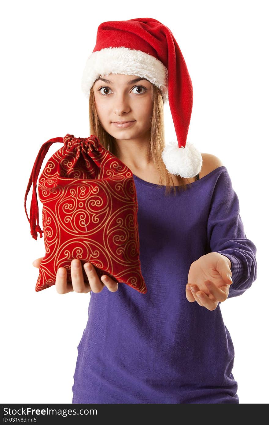 Beautiful girl in red Santa hat