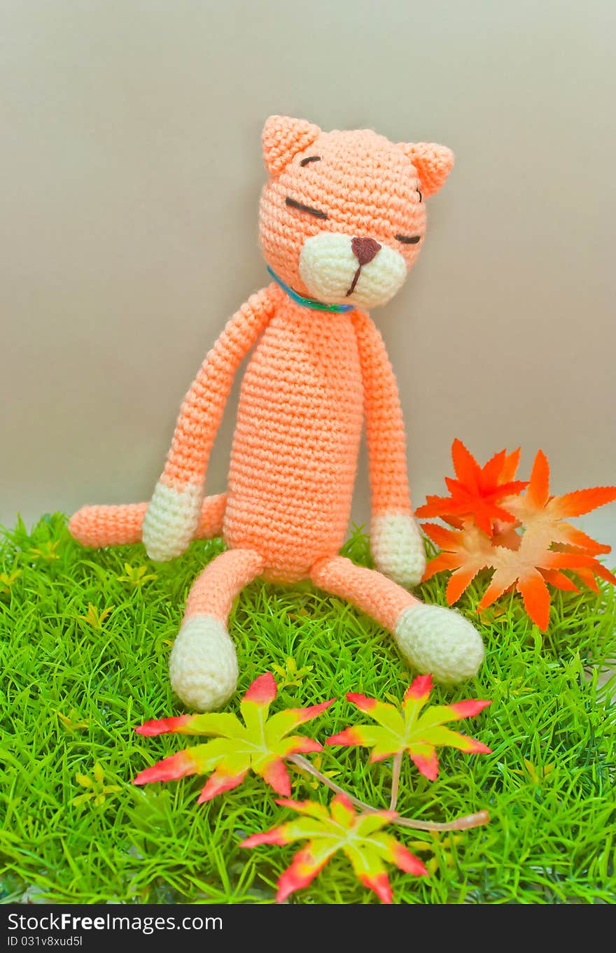 Knitted cat toy isolated on green grass