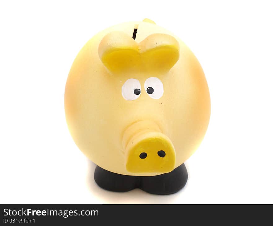 Ceramic piggy bank on white background